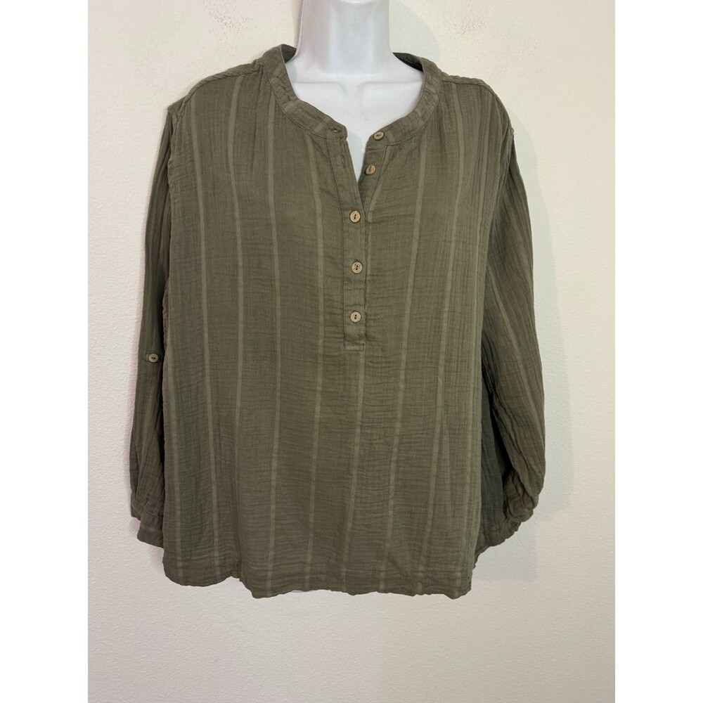 Caffe Marrakesh Blouse Sage Green Cotton Roll Tab Sleeve Boho Size Medium Gauzy